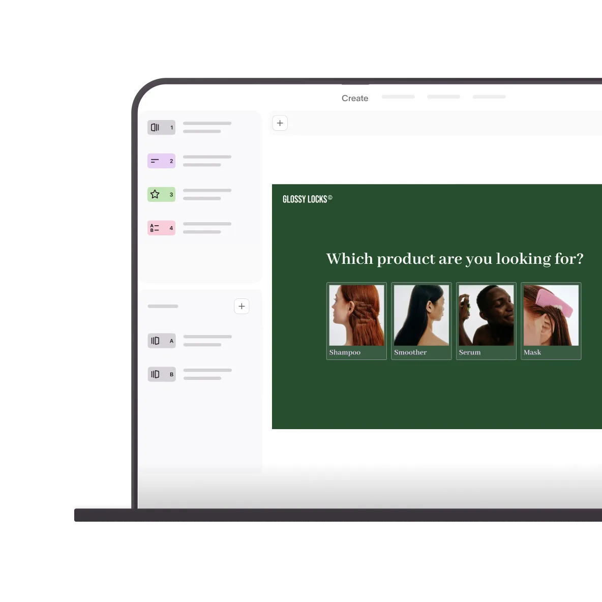 Laptop showing Glossy Locks hair product selection page with shampoo, smoother, serum, and mask options