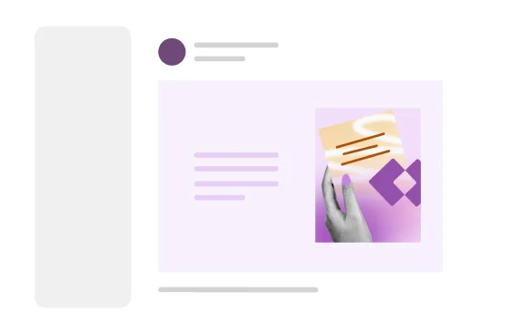 Illustration of a web page layout with a hand reaching for an envelope and purple geometric shapes