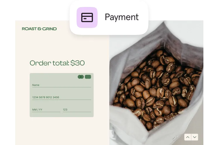 Roast and Grind coffee payment form showing order total with credit card fields and coffee beans