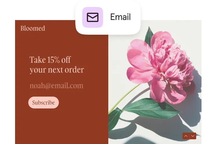 Bloomed flower shop email signup form offering 15% off with a pink peony image
