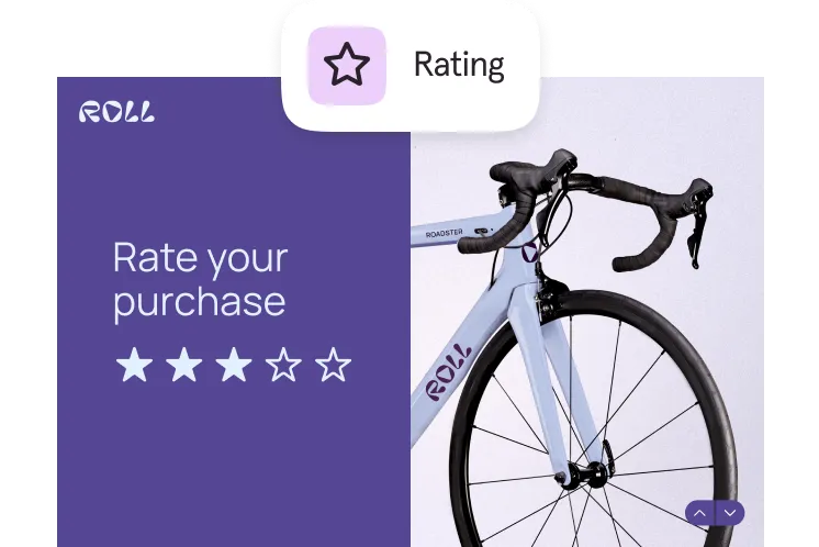 Roll bicycle brand purchase rating form with star icons next to a road bike image