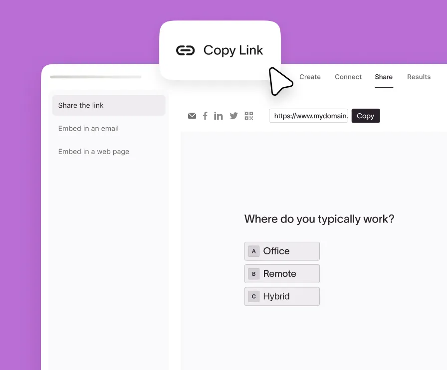 Form sharing interface with copy link option and workplace survey question with office, remote, hybrid choices