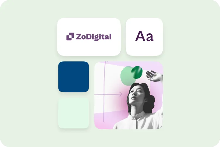 ZoDigital brand design elements with logo, typography, color swatches, and artistic collage