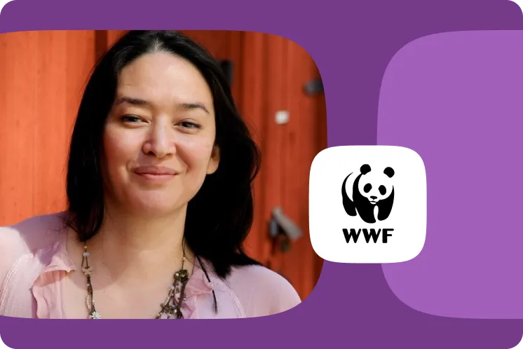 WWF customer testimonial card with smiling woman and panda logo on purple background