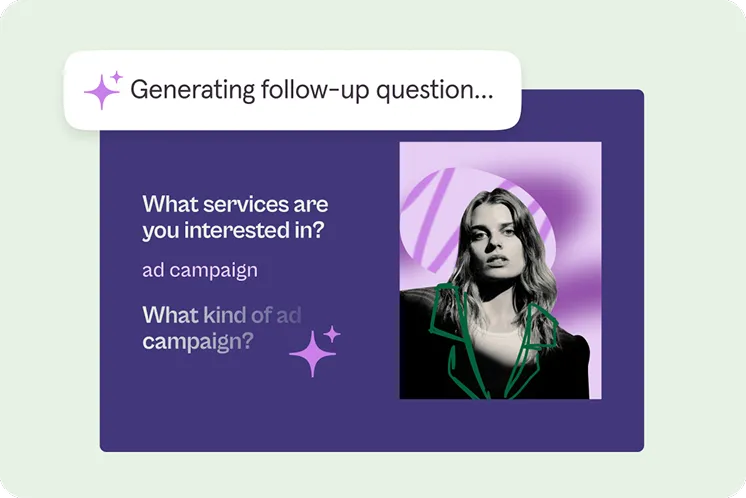 AI-generated follow-up question feature showing ad campaign services inquiry with woman portrait