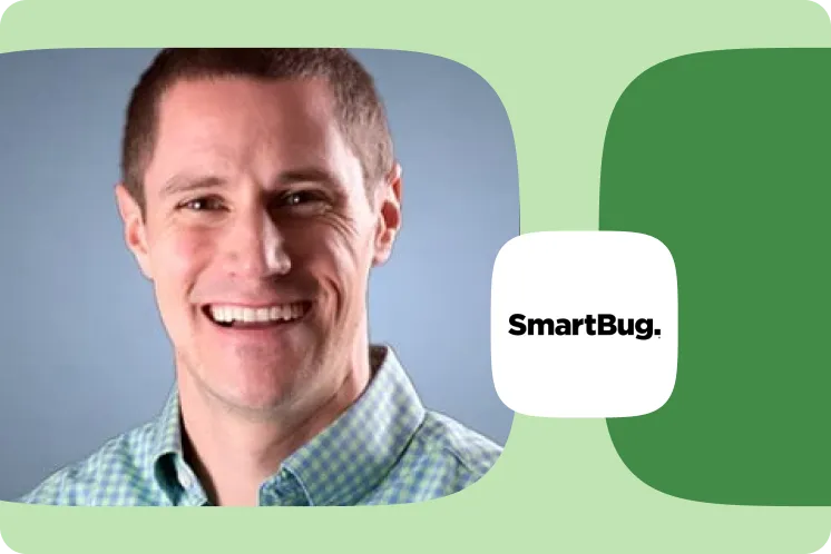 SmartBug customer testimonial card with smiling man in checkered shirt on green background