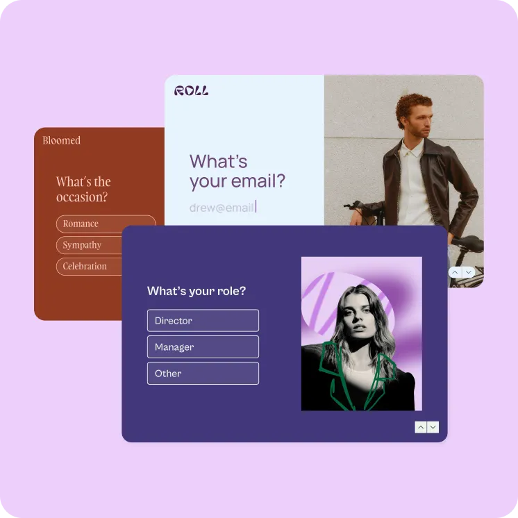 Three overlapping form cards showing occasion, email, and role selection questions on lavender background