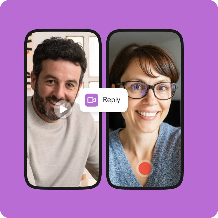 Two mobile phones showing video reply feature with smiling people on a purple background