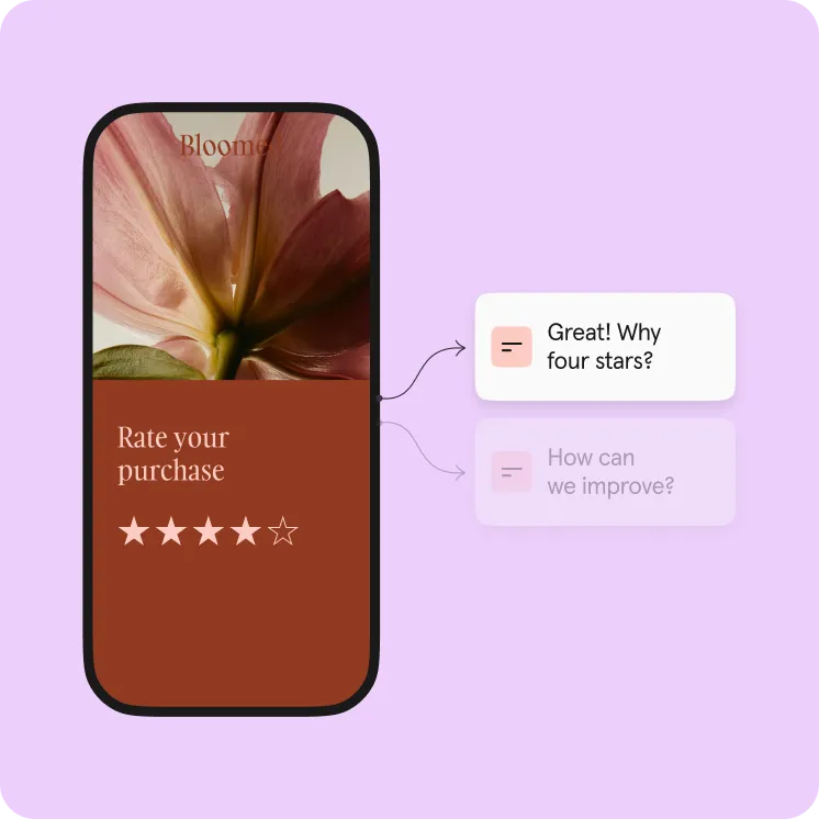 Mobile app showing flower rating screen with four stars and follow-up question prompts